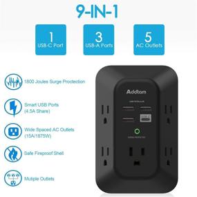 img 3 attached to 🔌 Addtam USB Wall Charger Surge Protector - 5 Outlet Extender with 4 USB Charging Ports (1 USB C, 4.5A Total), 3-Sided 1800J Power Strip Multi-Plug Outlet Adapter with Widely Spaced Outlets in Black