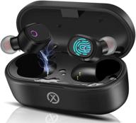 true wireless earbuds bluetooth 5.0, touch control tws stereo headphones, built-in noise cancellation mic, ipx5 waterproof, 35h playtime, auto pairing, single/twin mode logo