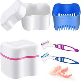 img 4 attached to 🦷 Denture Bath Set: 2 Denture Cups with Cleaner Brushes, Boxes, Holder, and Basket for Travel and Cleaning (Blue, Red, Purple)