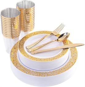 img 4 attached to 🍽️ WELLIFE 175 PCS Gold Disposable Silverware, Lace Design Plastic Plates Set: 25 Dinner Plates 10.25", 25 Salad Plates 7.5", 25 Tumblers 9oz, 50 Forks, 25 Knives, 25 Spoons with Elegant Gold Plates