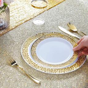 img 2 attached to 🍽️ WELLIFE 175 PCS Gold Disposable Silverware, Lace Design Plastic Plates Set: 25 Dinner Plates 10.25", 25 Salad Plates 7.5", 25 Tumblers 9oz, 50 Forks, 25 Knives, 25 Spoons with Elegant Gold Plates
