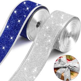 img 4 attached to 🎁 Silver Blue Glitter Wired Ribbon - 2 Rolls of 10 Yards - Wide Ribbon for Christmas Wrapping, Holiday Party, Gift Decoration, DIY Art Craft - 1.5 Inch