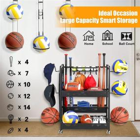 img 3 attached to 🏀 Jubao Garage Ball Storage Rack: Rolling Sports Organizer with Casters Wheels, Indoor & Outdoor Gear Storage Baskets, Hooks, and Cap Holder