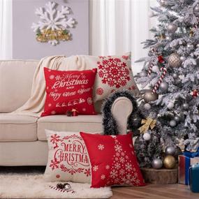 img 2 attached to Set of 4 Christmas Pillow Covers - 18x18 Inches Cotton Linen Red and Beige Snowflake Throw Pillowcase, Farmhouse Cushion Case for Holiday Home Decor on Sofa Couch