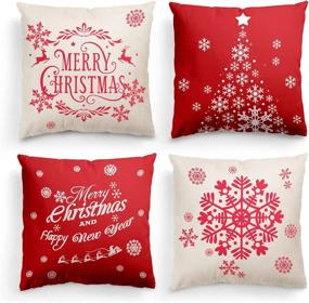 img 4 attached to Set of 4 Christmas Pillow Covers - 18x18 Inches Cotton Linen Red and Beige Snowflake Throw Pillowcase, Farmhouse Cushion Case for Holiday Home Decor on Sofa Couch