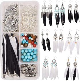 img 4 attached to 🌞 SUNNYCLUE 1 Box DIY 8 Pairs Bohemian Black and White Long Feather Drop Hook Earring Making Kit with Instruction, Jewelry Findings Craft Supplies for Women and Girls, Antique Silver