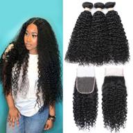 🔥 beauhair brazilian kinky curly bundles with closure: 14 16 18+12 inches, 4x4, 9a grade, 100% unprocessed human hair, free part lace closure - natural color logo