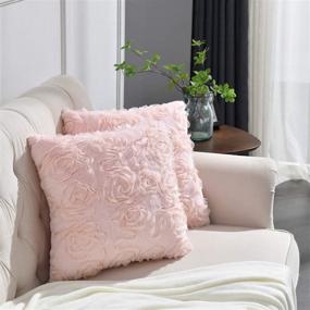 img 1 attached to 🌸 Rythome Set of 2 Soft Fluffy Faux Rabbit Fur Throw Pillow Covers, 3D Chiffon Rosette Pillow Cases, Decorative Floral Patterned Design for Couch Bed and Living Room - 18"x18", Pale Pink