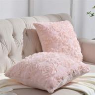 🌸 rythome set of 2 soft fluffy faux rabbit fur throw pillow covers, 3d chiffon rosette pillow cases, decorative floral patterned design for couch bed and living room - 18"x18", pale pink логотип