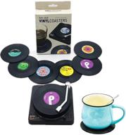 🎶 retro vinyl record coasters with holder - colorful drink coasters for wooden table, music decorations for home, coffee table or bar - set of 6 beer cup mats logo