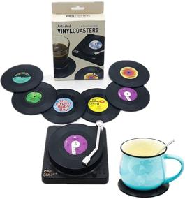 img 4 attached to 🎶 Retro Vinyl Record Coasters with Holder - Colorful Drink Coasters for Wooden Table, Music Decorations for Home, Coffee Table or Bar - Set of 6 Beer Cup Mats