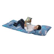deluxe easy-fold nap mat for kids: navy, grey & turquoise shark design with navy, grey, turquoise & white colors logo