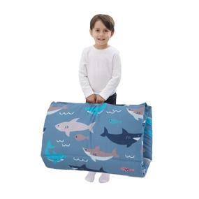 img 1 attached to Deluxe Easy-Fold Nap Mat for Kids: Navy, Grey & Turquoise Shark Design with Navy, Grey, Turquoise & White Colors