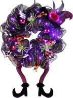 🎃 lulu home halloween wreath: vibrant 30 led purple lighted front door wreath with witch hat leg mesh decor - battery operated, wired ribbon artificial door wreath - hanging ornament (not pre-lit) logo