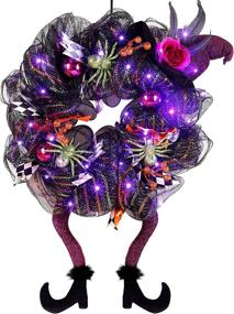 img 4 attached to 🎃 Lulu Home Halloween Wreath: Vibrant 30 LED Purple Lighted Front Door Wreath with Witch Hat Leg Mesh Decor - Battery Operated, Wired Ribbon Artificial Door Wreath - Hanging Ornament (Not Pre-lit)