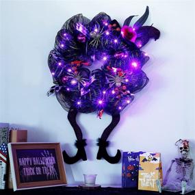 img 2 attached to 🎃 Lulu Home Halloween Wreath: Vibrant 30 LED Purple Lighted Front Door Wreath with Witch Hat Leg Mesh Decor - Battery Operated, Wired Ribbon Artificial Door Wreath - Hanging Ornament (Not Pre-lit)