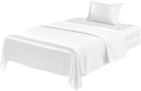 img 4 attached to 🛏️ ANMINY Satin Silk Bed Sheet Set - Twin Size, 3 Piece with Fitted Sheet, Flat Sheet, and Pillowcases - Silky Soft, Deep Pockets, Wrinkle & Fade Resistant - White