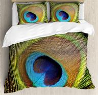 🦚 ambesonne peacock duvet cover set king size: exotic wildlife themed bedding with eye-catching peacock feathers - teal mustard décor, 3 piece set + 2 pillow shams logo