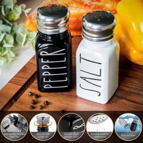 img 3 attached to Modern Farmhouse Salt and Pepper Shaker Set by Brighter Barns - Elegant Vintage Glass Black and White Kitchen Decor for Home, Restaurants, and Weddings - Stylish Stainless Steel Lid Shakers