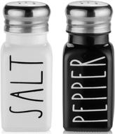 modern farmhouse salt and pepper shaker set by brighter barns - elegant vintage glass black and white kitchen decor for home, restaurants, and weddings - stylish stainless steel lid shakers logo