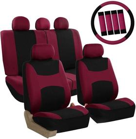 img 4 attached to FH Group FB030BURGUNDY-COMBO Seat Cover Combo Set With Steering Wheel Cover And Seat Belt Pad (Airbag Compatible And Split Bench Burgundy)