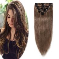 💇 thin light brown clip in hair extensions - 8 inch short straight human hair - 100% remy hair clip on hairpieces - 45g machine weft - 8pcs with 18 clips for women logo