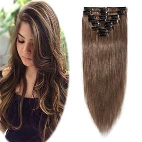 img 4 attached to 💇 Thin Light Brown Clip in Hair Extensions - 8 Inch Short Straight Human Hair - 100% Remy Hair Clip on Hairpieces - 45g Machine Weft - 8pcs with 18 Clips for Women