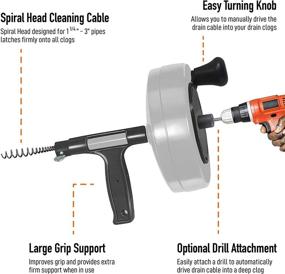 img 3 attached to 🔧 DrainX 50-FT Steel Power Pro Drum Auger Plumbing Snake: Manual or Powered Usage | Heavy Duty Cable with Drill Attachment | Includes Work Gloves and Storage Bag