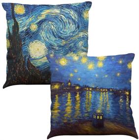 img 1 attached to 🌌 Starry Night by Vincent Van Gogh Throw Pillow Cover - Decorative Cushion Case with Zipper - Oil Painting Art Pillow Case for Home, Sofa, Bed, Car - Set of 2 - Square 18" x 18