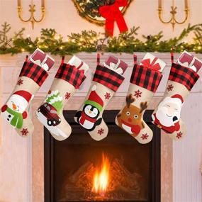 img 4 attached to 🎅 Set of 5 ZLKJ Classic Christmas Stockings with 3D Santa Hanging Decoration - Buffalo Plaid Cuff for Fireplace, Tree Decor, Party Gift - 19.69 Inches, Red