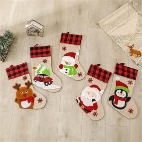 img 1 attached to 🎅 Set of 5 ZLKJ Classic Christmas Stockings with 3D Santa Hanging Decoration - Buffalo Plaid Cuff for Fireplace, Tree Decor, Party Gift - 19.69 Inches, Red