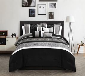 img 4 attached to 🖤 Chic Home Euphoria 8-Piece Embroidered Comforter Set: Elegant Queen Size Bedding with Embroidery, Pintuck Bed Skirt & Decorative Pillows Shams - Classic Black/White Design