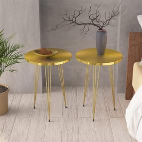 img 3 attached to PAK Home Round Wood Sofa Side Tables - Set of 2, Perfect for Small Spaces, Nightstand Bedside Table with Elegant Metal Legs for Bedroom, Living Room, Office, Balcony - Exquisite Gold High Gloss Finish