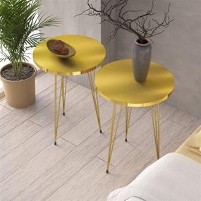 img 4 attached to PAK Home Round Wood Sofa Side Tables - Set of 2, Perfect for Small Spaces, Nightstand Bedside Table with Elegant Metal Legs for Bedroom, Living Room, Office, Balcony - Exquisite Gold High Gloss Finish