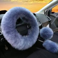 🧣 3pcs set womens winter fashion wool fur soft furry steering wheel covers - gray blue fluffy handbrake cover, gear shift cover, fuzz warm non-slip car decoration - long hair logo