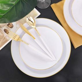 img 2 attached to 🎄 DaYammi 30 Guests Gold Christmas Plastic Plates with Disposable Silverware, Gold Cutlery with White Handle, White & Gold Disposable Dinnerware Set for Parties and Weddings