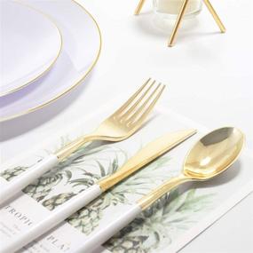 img 3 attached to 🎄 DaYammi 30 Guests Gold Christmas Plastic Plates with Disposable Silverware, Gold Cutlery with White Handle, White & Gold Disposable Dinnerware Set for Parties and Weddings