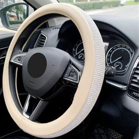 img 2 attached to 🔹 Beige Non-Slip Crystal Steering Wheel Cover, Universal Fit with PU Leather and Diamond Rhinestones, Sparkly Car Accessories Case, 15-inch