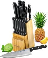 🔪 15 piece knife set with wooden block - includes chef knife, bread knife, carving knife, utility knife, paring knife, steak knife, boning knife, scissors, and knife sharpener by kitch n’ wares logo