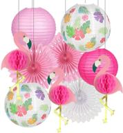 flamingo party decorations: tropical leaves, paper lanterns, and honeycomb fans for a vibrant hawaiian luau, beach or summer party (pink) logo