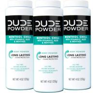 🌬️ dude natural deodorizing powder, menthol chill - pack of 3, 4 ounce bottles. cooling menthol, aloe, and corn-starch based talc-free formula. post-shower daily body powder for men. logo