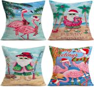 🏖️ sharej set of 4 merry christmas beachy greetings quotes decorative pillow covers - 18x18 inch santa beach christmas tropical flamingo decor funny throw pillow covers - cotton linen cushion cover for festive home décor логотип