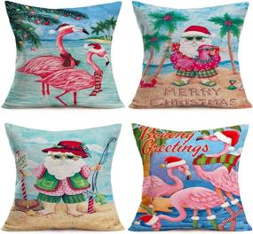 img 4 attached to 🏖️ ShareJ Set of 4 Merry Christmas Beachy Greetings Quotes Decorative Pillow Covers - 18x18 Inch Santa Beach Christmas Tropical Flamingo Decor Funny Throw Pillow Covers - Cotton Linen Cushion Cover for Festive Home Décor