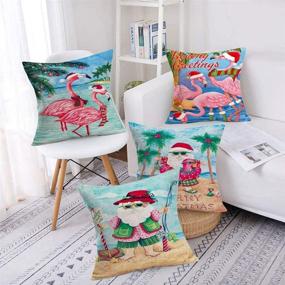 img 1 attached to 🏖️ ShareJ Set of 4 Merry Christmas Beachy Greetings Quotes Decorative Pillow Covers - 18x18 Inch Santa Beach Christmas Tropical Flamingo Decor Funny Throw Pillow Covers - Cotton Linen Cushion Cover for Festive Home Décor