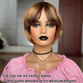 img 2 attached to Mirthful Short Bob Wigs for Black Women: Human Hair Straight Bob Wigs with Bangs. Ombre Dark Brown Root to Medium Brown- Perfect for SEO.