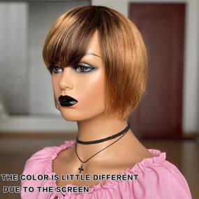 img 3 attached to Mirthful Short Bob Wigs for Black Women: Human Hair Straight Bob Wigs with Bangs. Ombre Dark Brown Root to Medium Brown- Perfect for SEO.