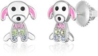 🐶 children's earrings - 925 sterling silver with white gold tone, pink enamel, and crystal dog accent logo