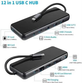 img 3 attached to 12-в-1 USB-C хаб с тройным дисплеем, двумя 4K HDMI, VGA, Ethernet, PD, 3xUSB 3.0, Type C портом для передачи данных, аудио/микрофоном, SD/TF картридером для MacBook и ноутбуков с USB-C.