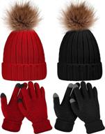 women's winter knitted beanie hat and glove set - cozy skull cap with touchscreen gloves logo