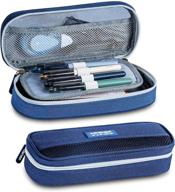 📚 deli large capacity pencil case pen holder bag with zipper – blue, ideal for college, middle school & office supplies organization, storage, and stationery management logo